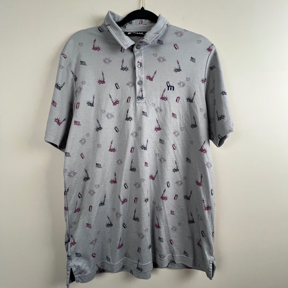 Travis Mathew AOP 4th of July theme Gray Red Blue Status of Liberty Men’s Medium